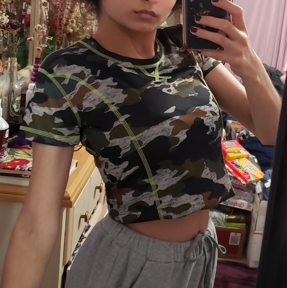 Y2K XOXO Sport Camo Workout Cap Sleeve Activewear Sportswear Top Shirt